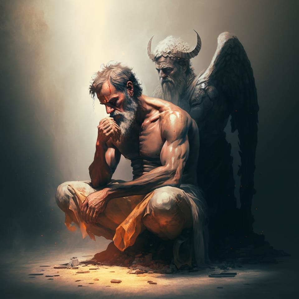 Aman kneeling down thinking while a fallen angel with horns kneels behind him.